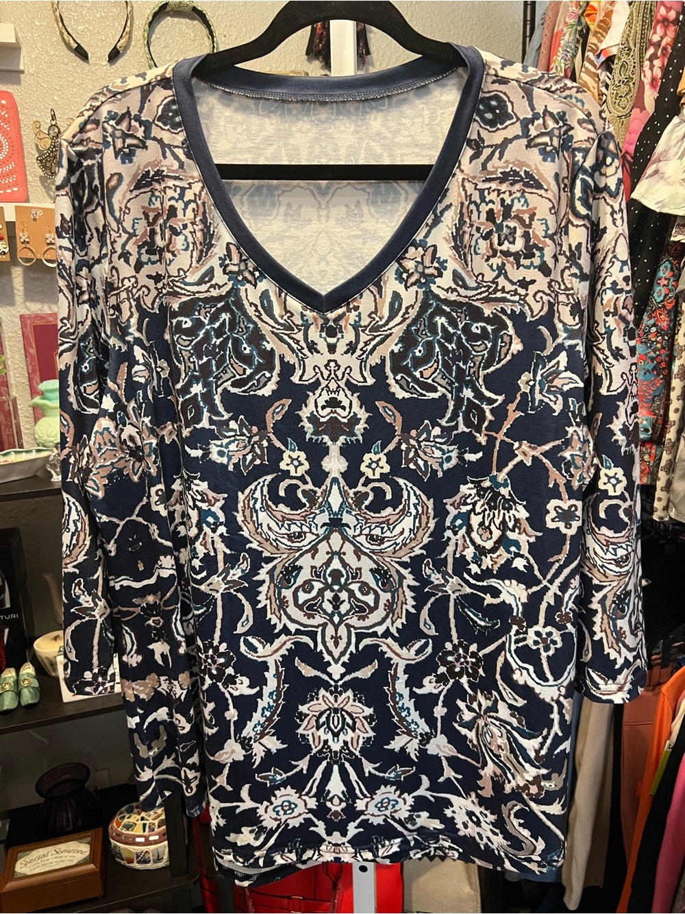 Floral & Medallion Print Women's Top - Navy and Cream